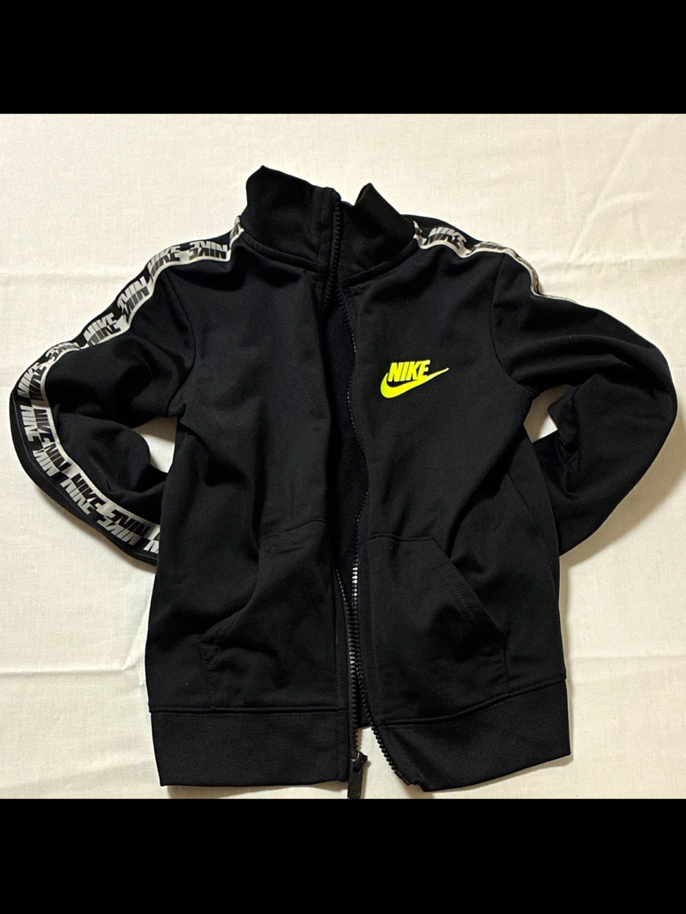 Nike Kids Black Jacket with Neon Yellow Logo and Tape Trim Size Small Childs 4-5